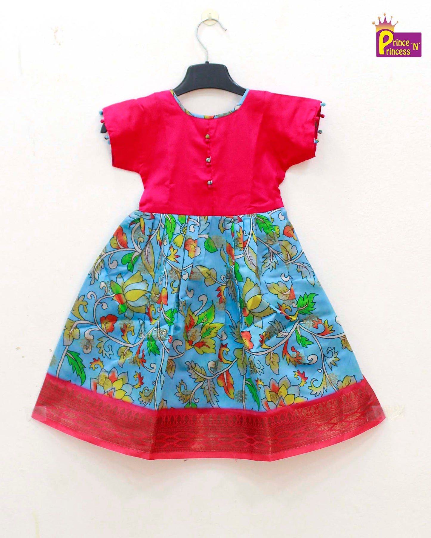 Kids Skyblue And Pink Kalamkari Gown PG398