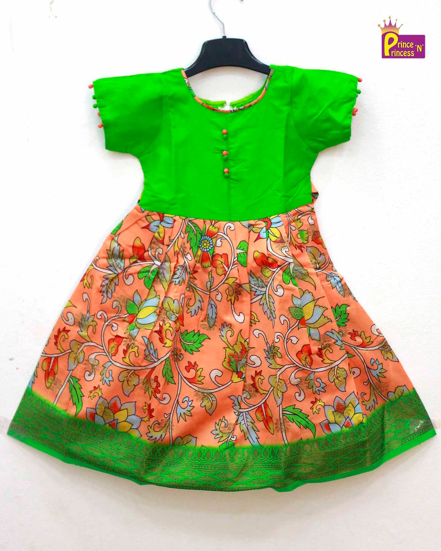 Kids Green And Orange Kalamkari Gown PG401