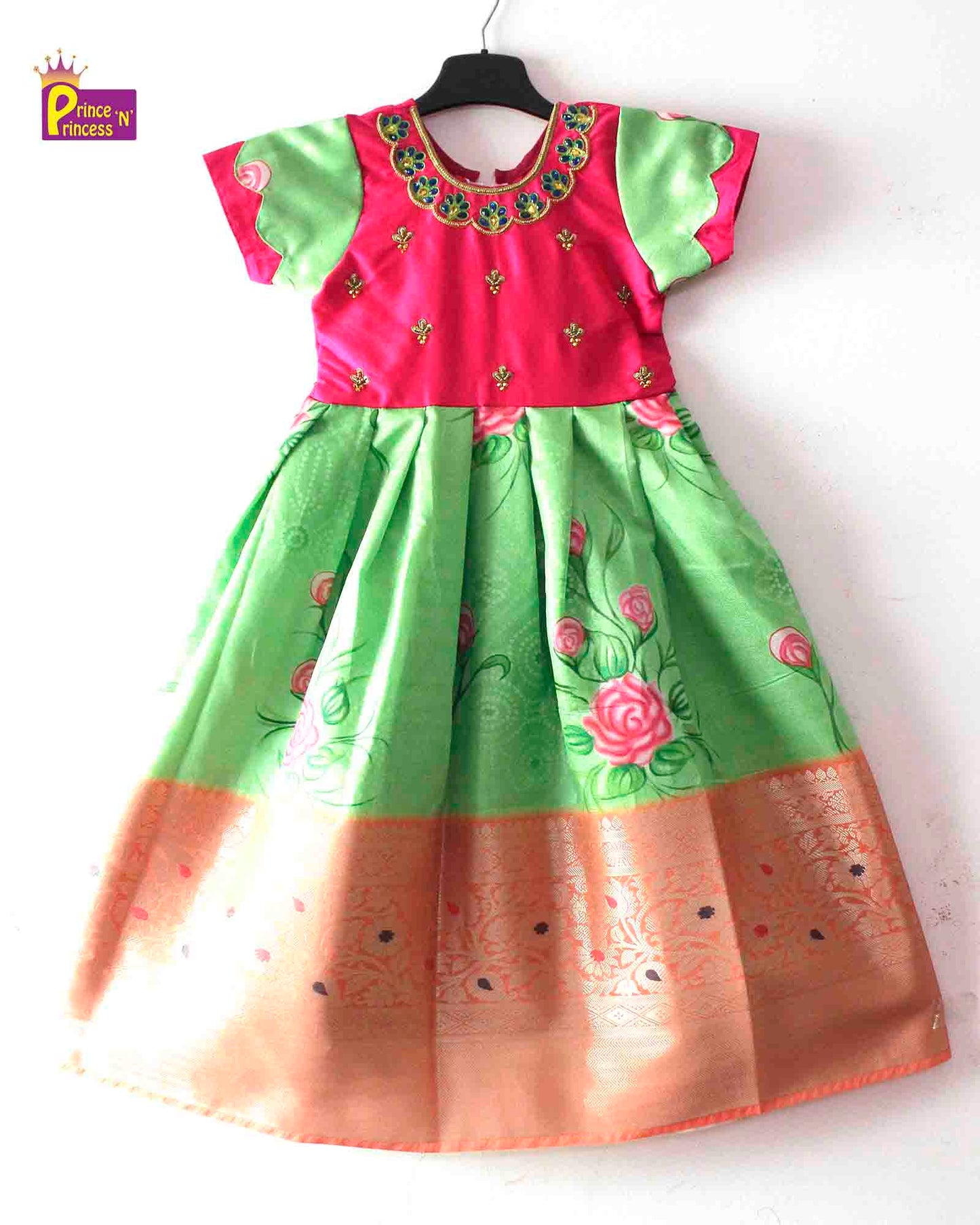 Prince N Princess Green Pink AARI work Pattu Gown PG416