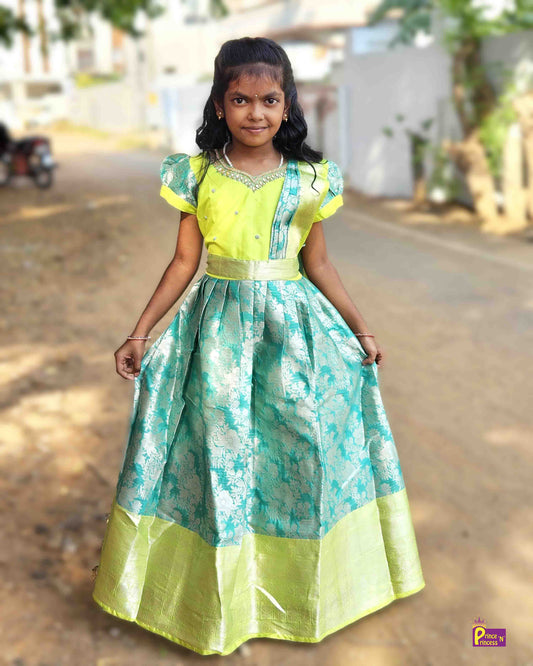 Kids Blue Green Traditional  Gown with Shawl PG438