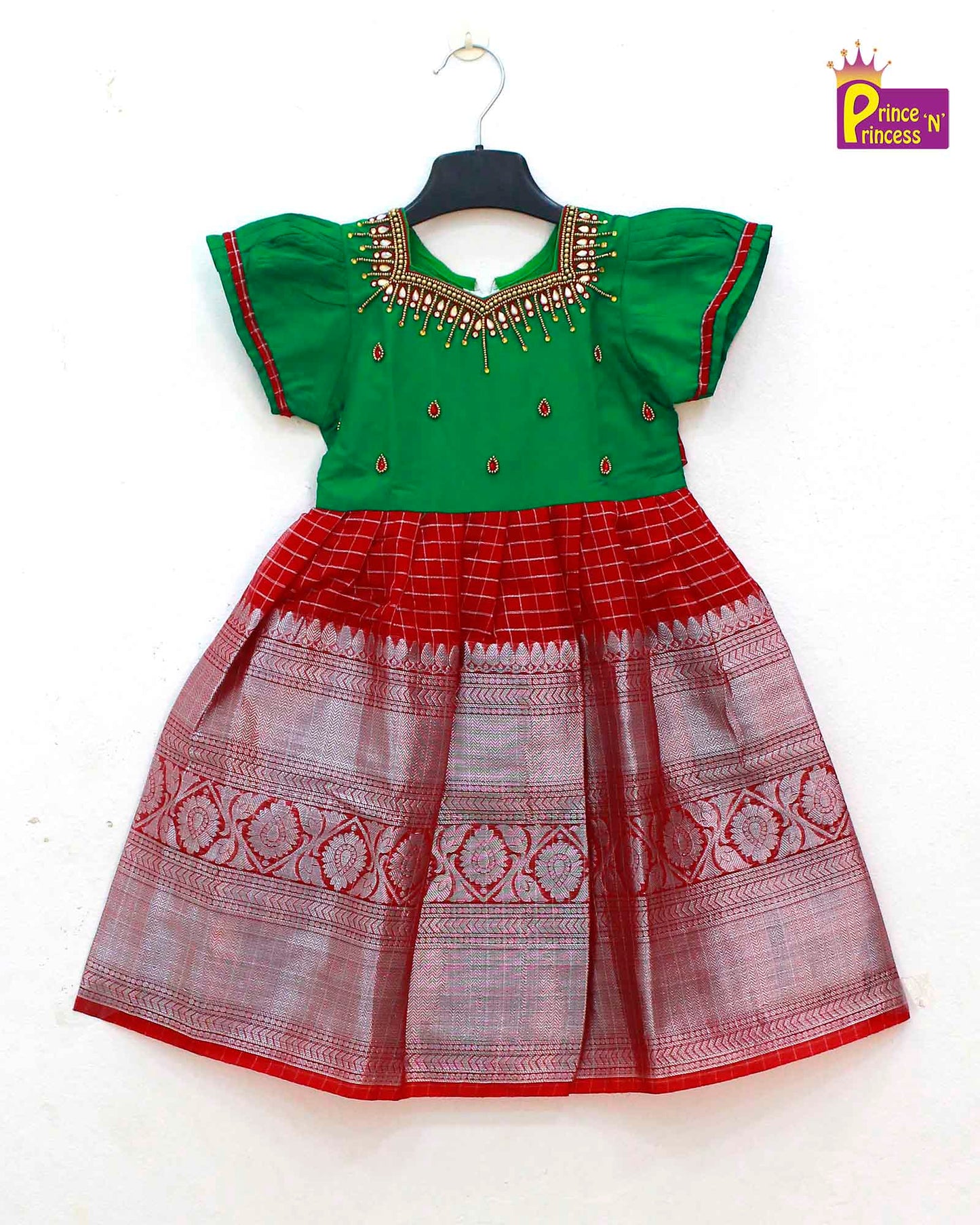 Kids Green Red  Organza AARI Ethnic Party Gown PG482