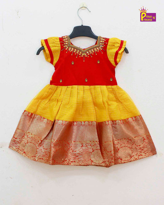 Kids Red Yellow Organza AARI Ethnic Party Gown PG485