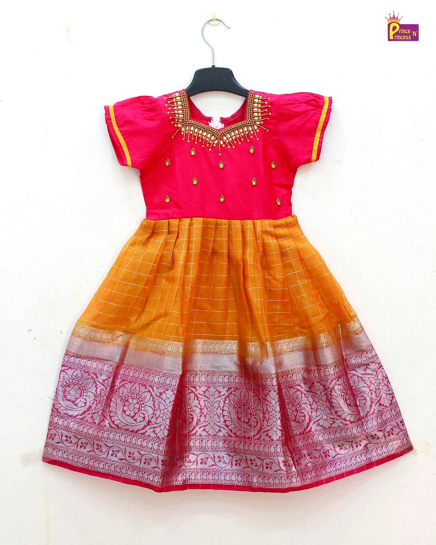 Kids Pink Yellow Organza AARI Ethnic Party Gown PG486