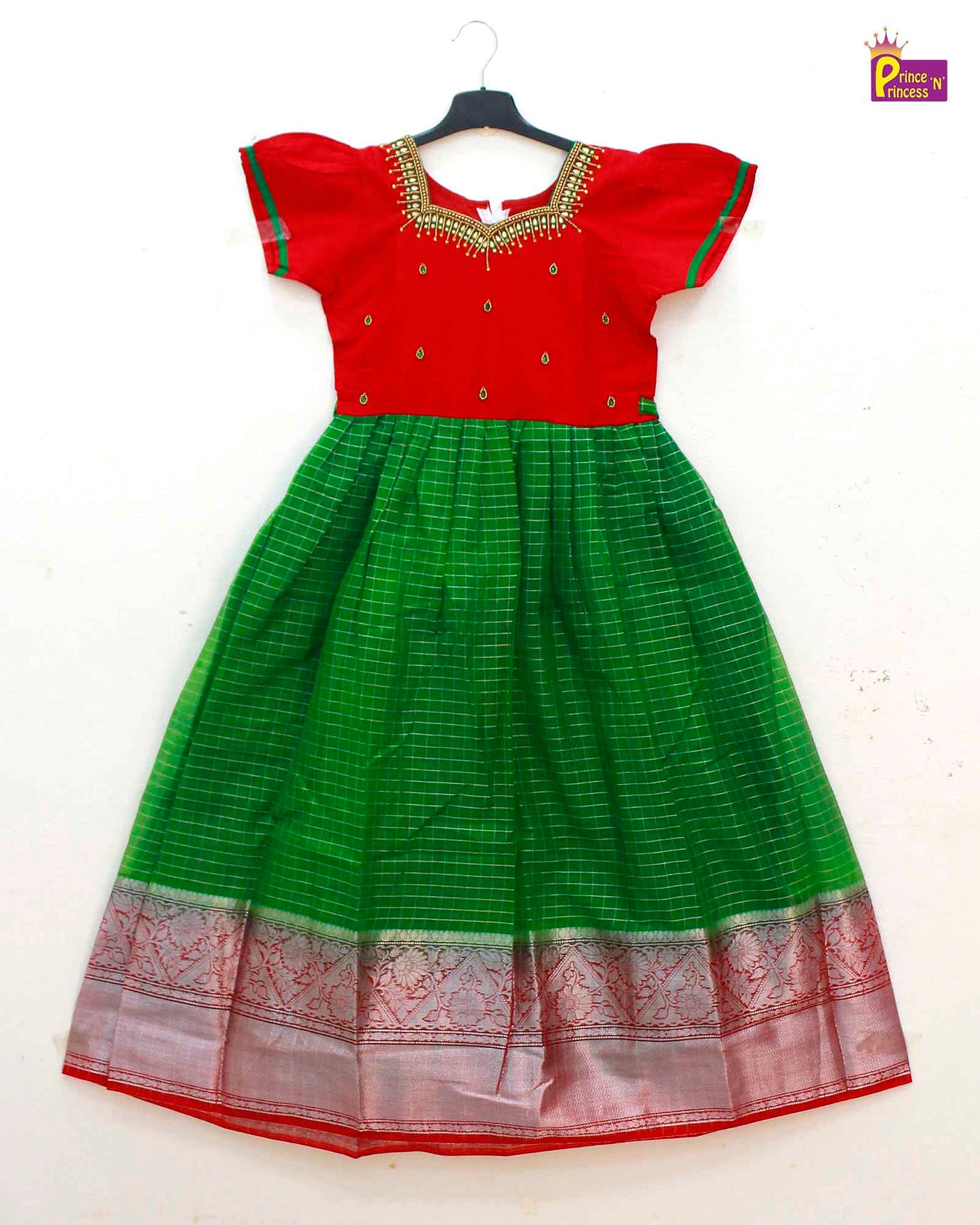 Kids Green Red  Organza AARI Ethnic Party Gown PG487