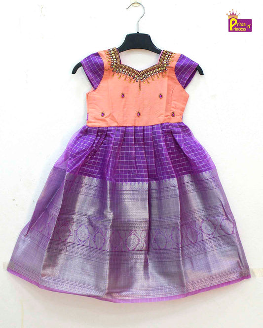 Kids Peach and purple Organza AARI Ethnic Party Gown PG489