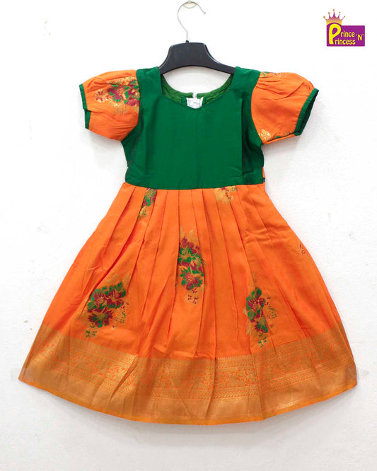 Kids Green With Orange Traditional Gown PG516