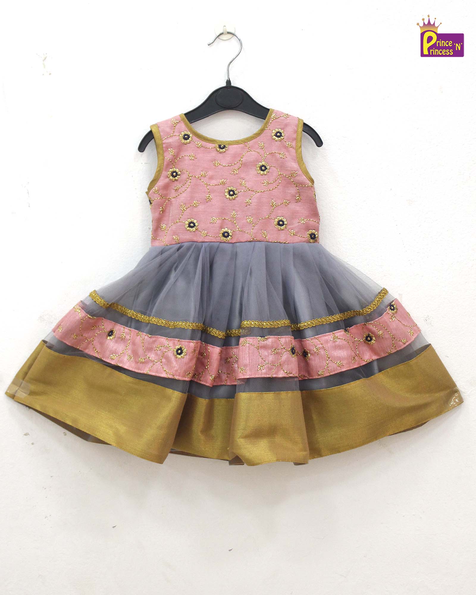 Kids Grey Pink  Netted long gown PG519