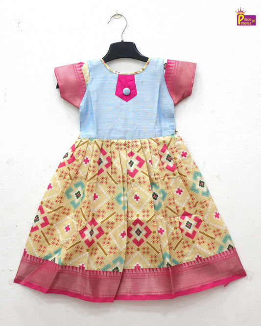 Kids Blue Halfwhite Printed Ethnic Party Gown PG522