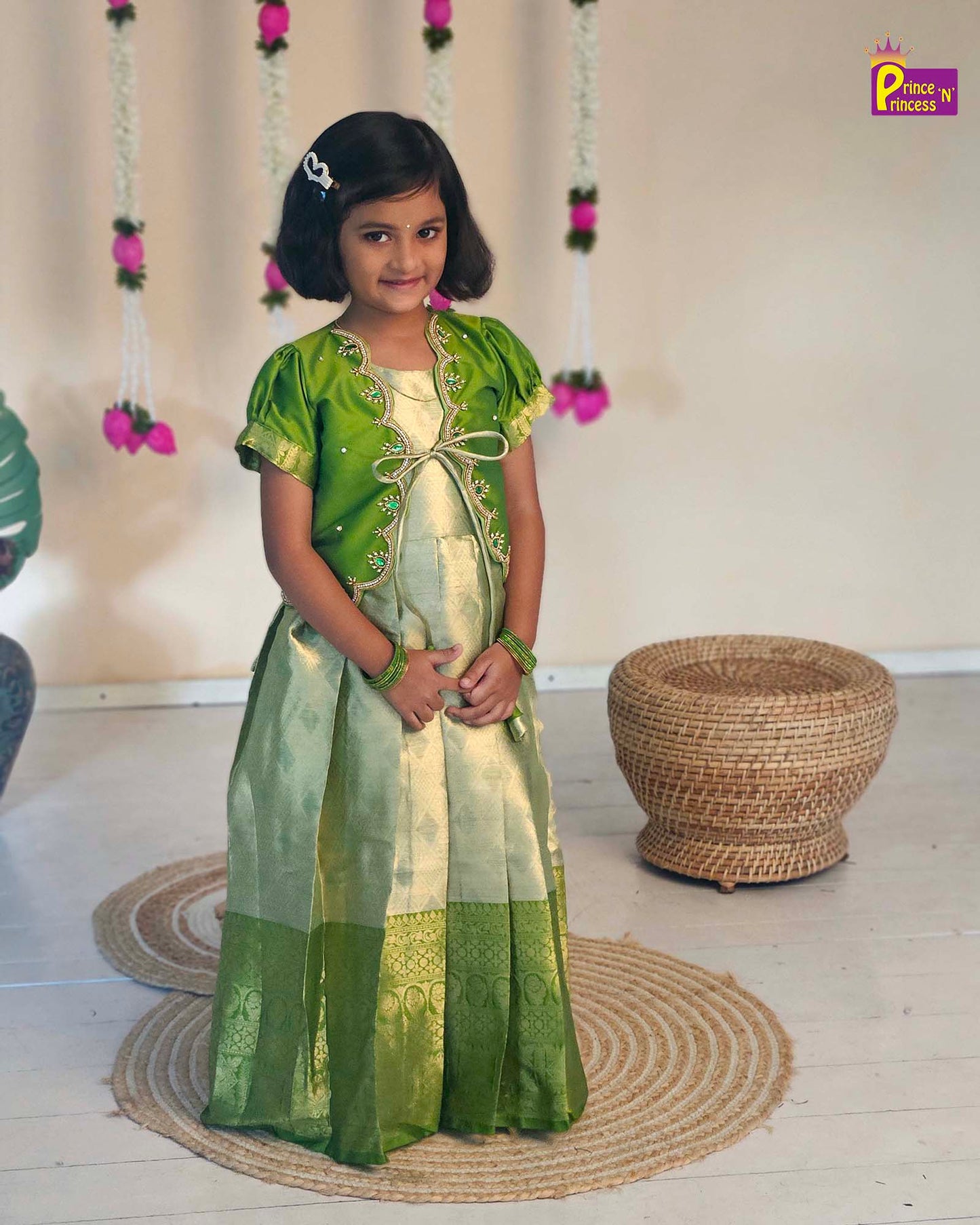 Kids Green Traditional Coat Type Aari Work Long gown PG528