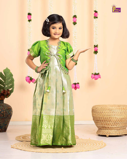 Kids Green Traditional Coat Type Aari Work Long gown PG528