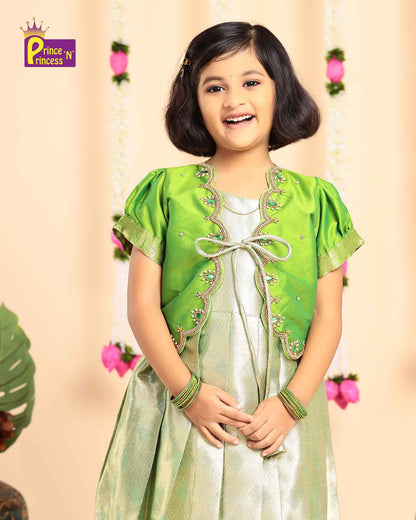 Kids Green Traditional Coat Type Aari Work Long gown PG528