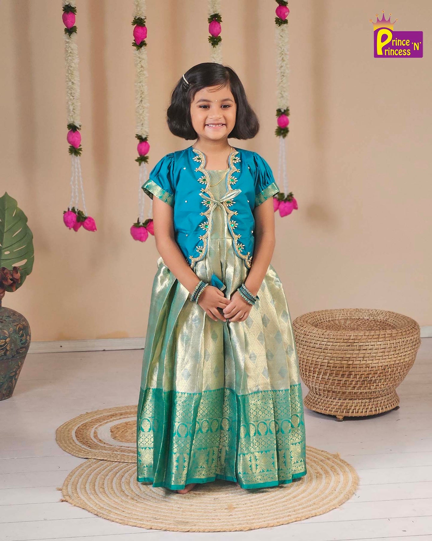 Kids Rama Green Traditional Coat Type Aari Work Long gown PG529