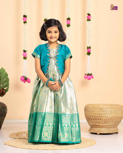 Kids Rama Green Traditional Coat Type Aari Work Long gown PG529