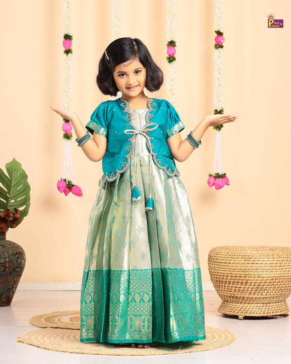 Kids Rama Green Traditional Coat Type Aari Work Long gown PG529