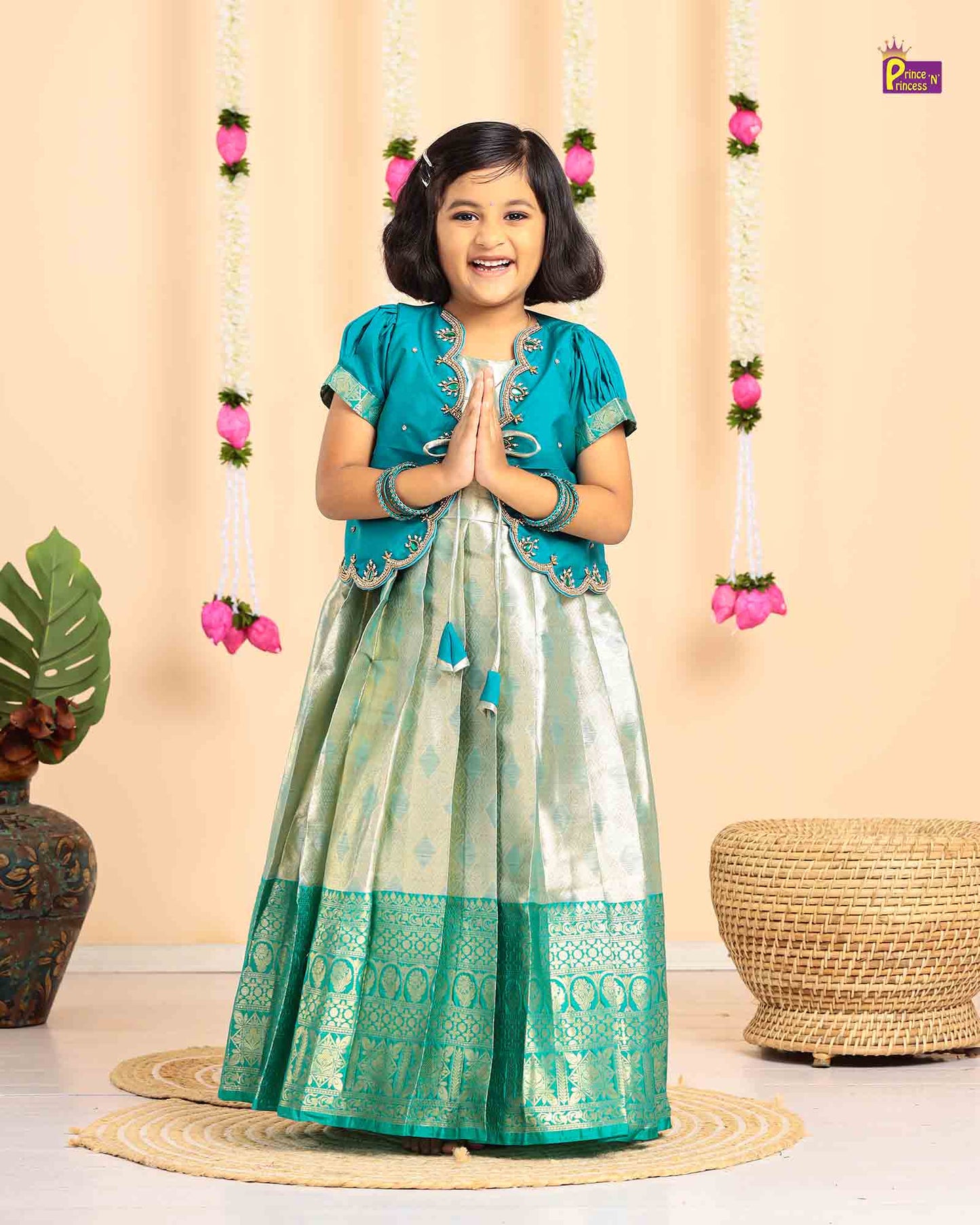 Kids Rama Green Traditional Coat Type Aari Work Long gown PG529