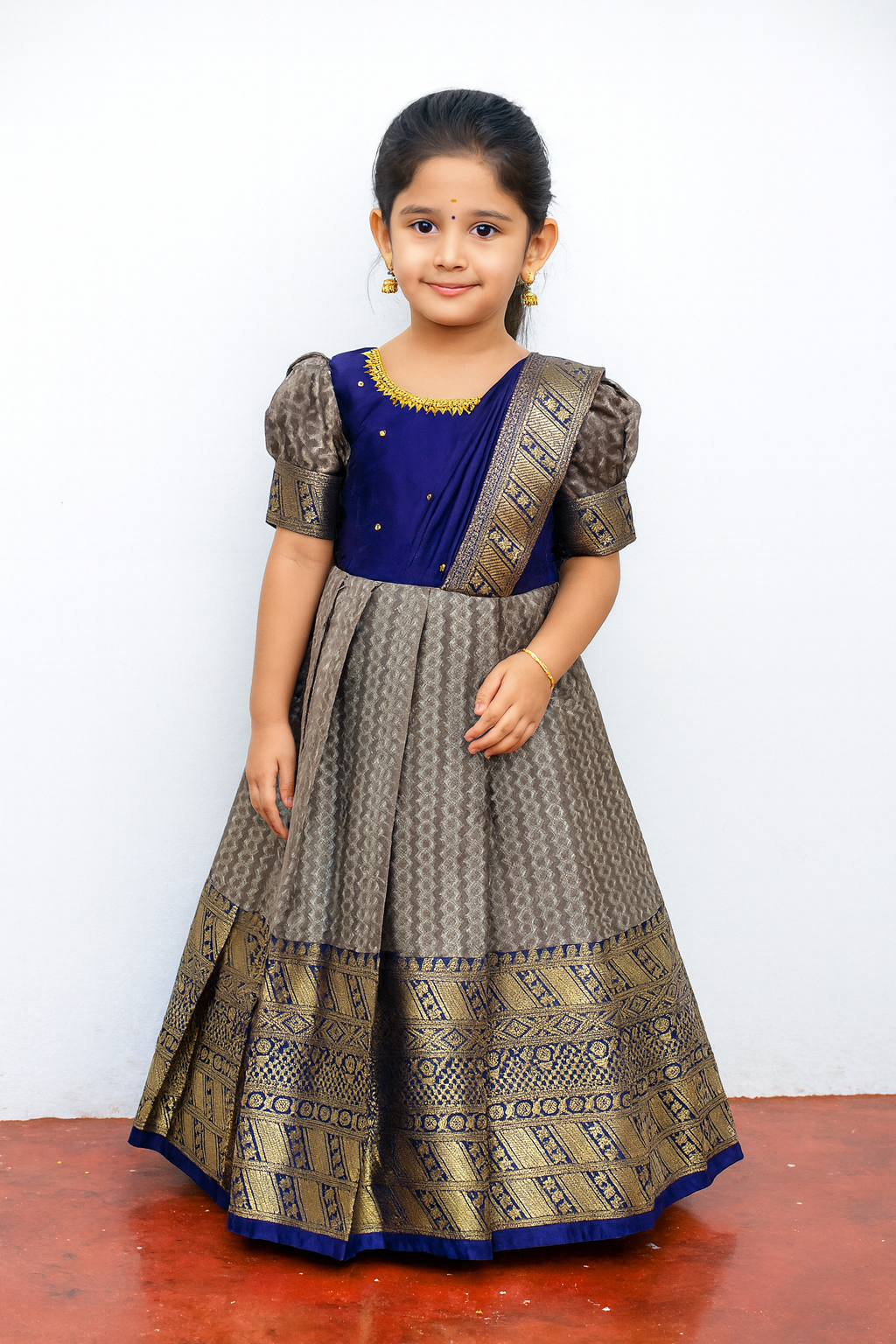 Kids Pepsi Blue Aari work Traditional Gown PG579
