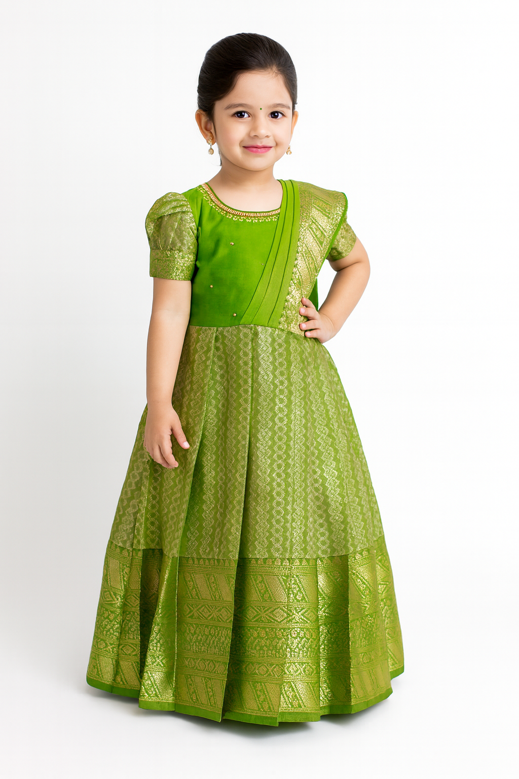 Kids Green Aari work Traditional Gown PG586