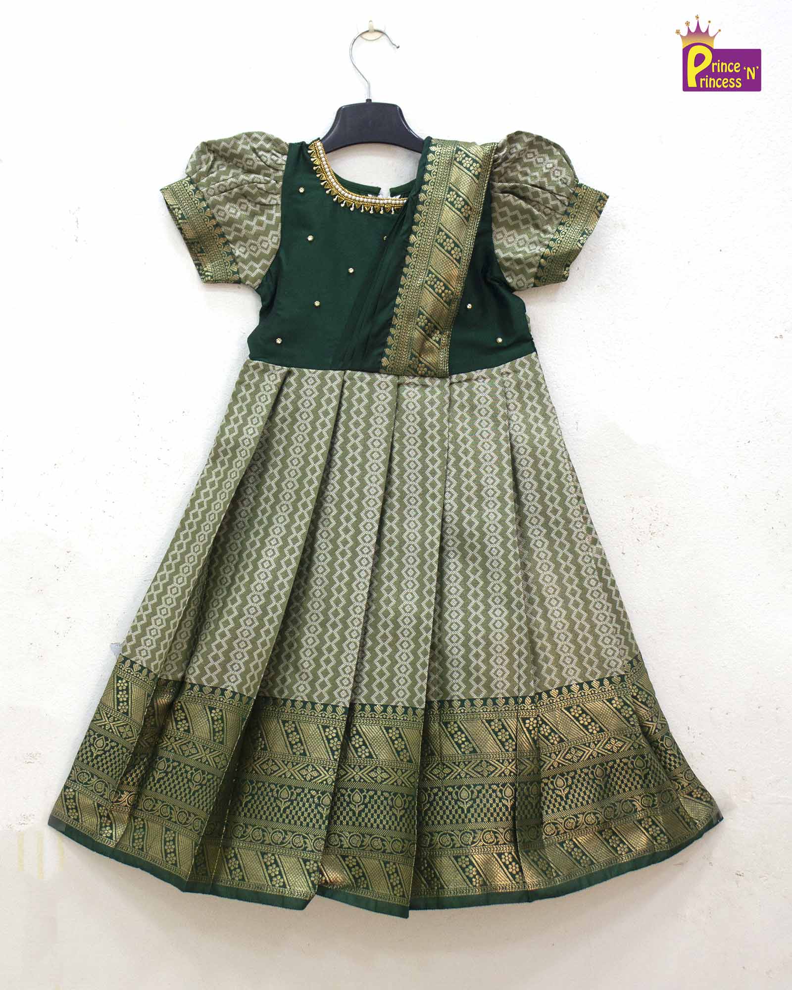 Kids Dark Green Aari work Traditional Gown PG588