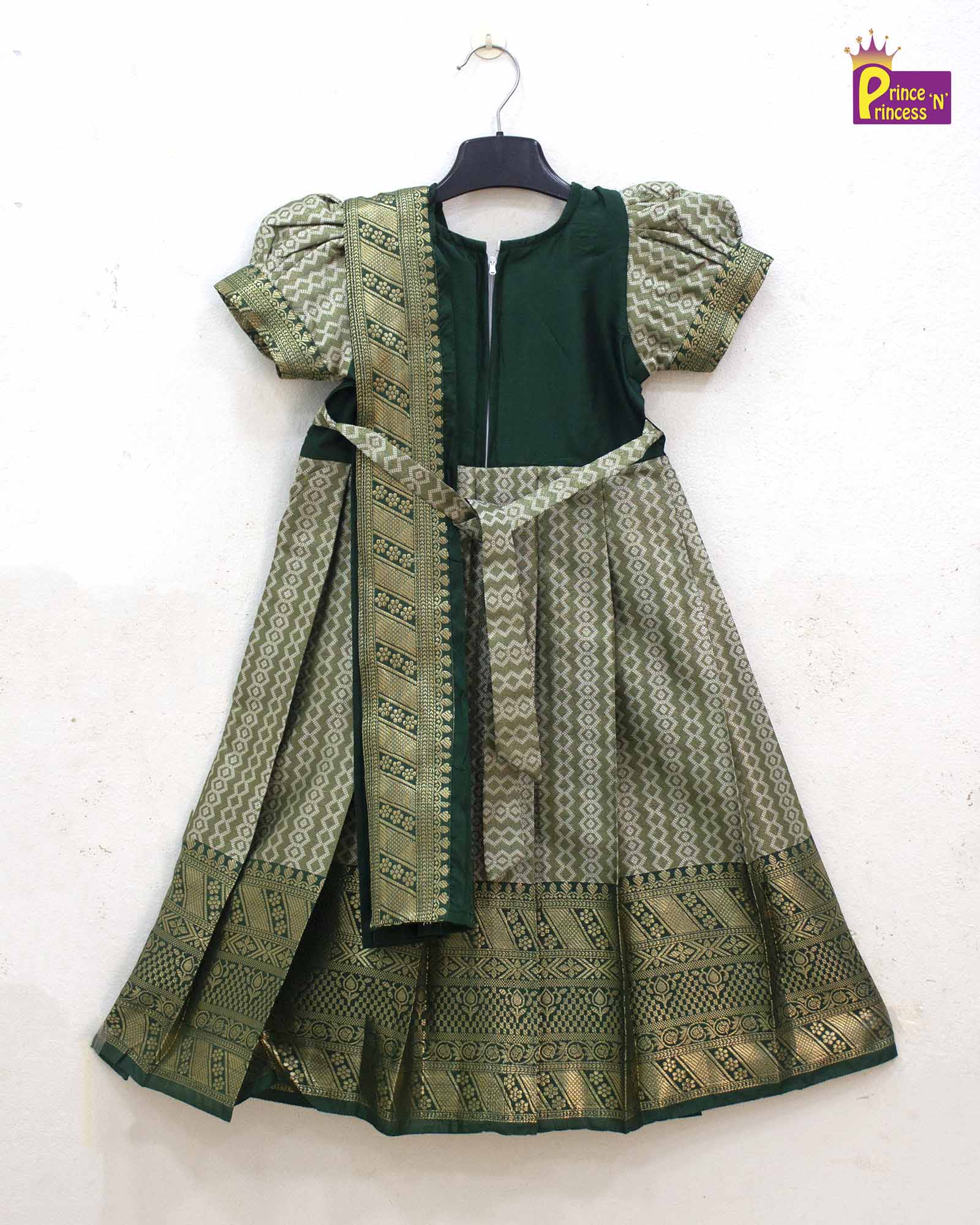 Kids Dark Green Aari work Traditional Gown PG588