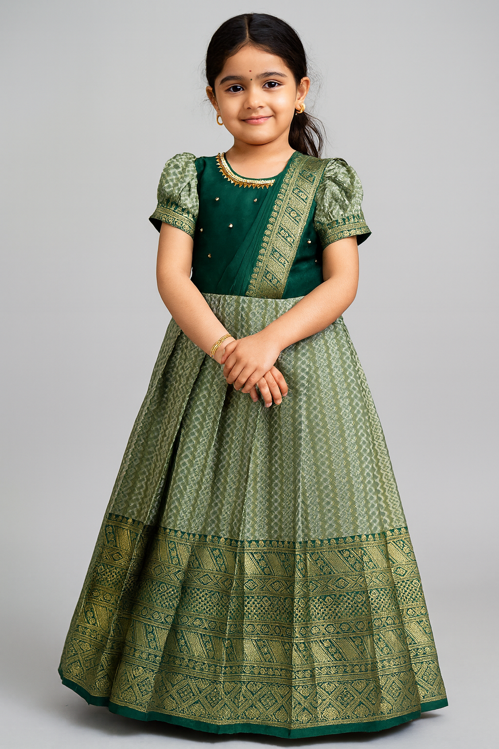 Kids Dark Green Aari work Traditional Gown PG588