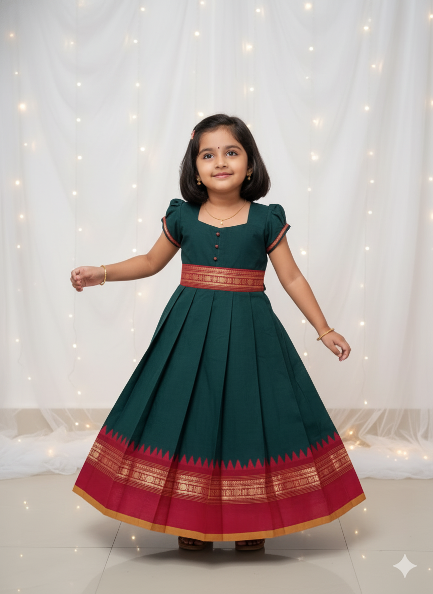 Kids Dark Green Chettinad Cotton Gown PG614