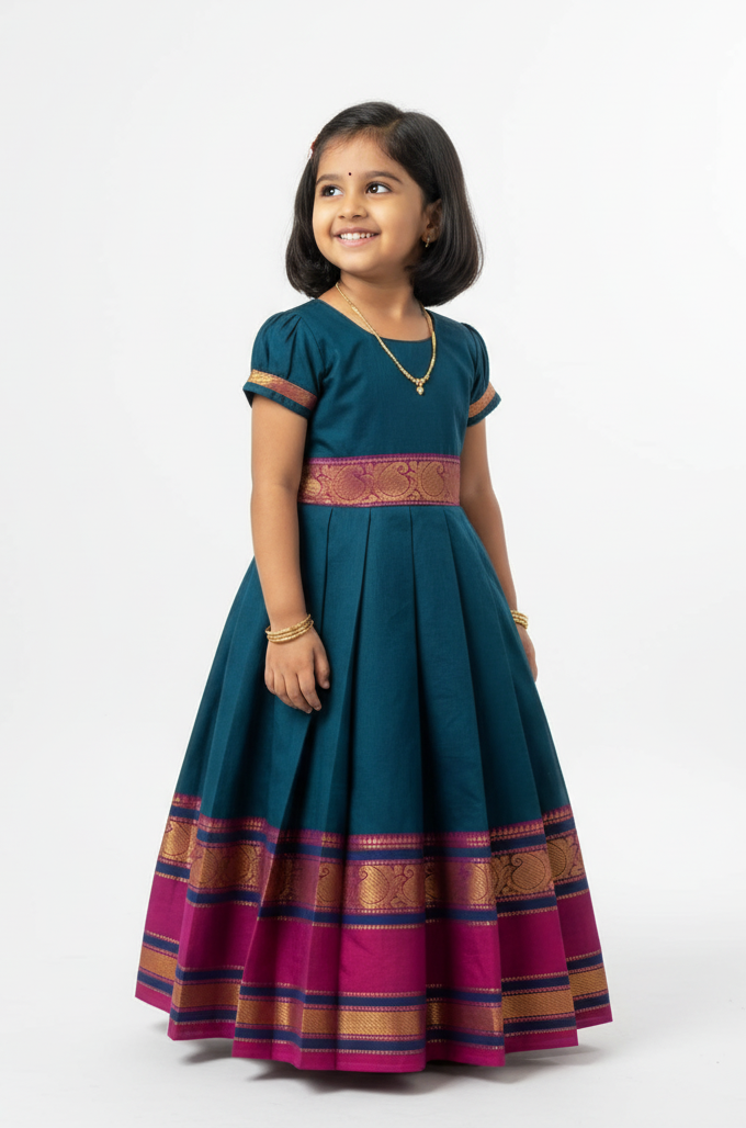Kids Peacock Blue Chettinad Cotton Gown PG619