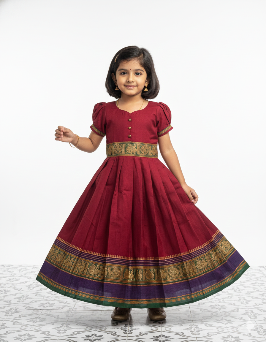 Kids Maroon Chettinad Cotton Gown PG621