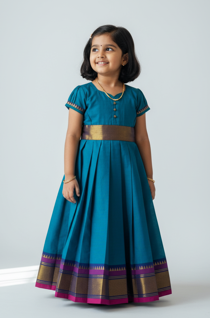Kids Blue Chettinad Cotton Gown PG626