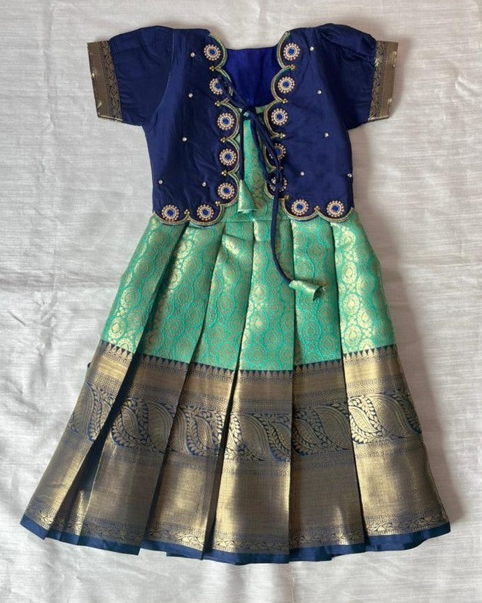 Kids Pepsi Blue with Rama Blue Traditional Coat Type Aari Work Long gown PG628