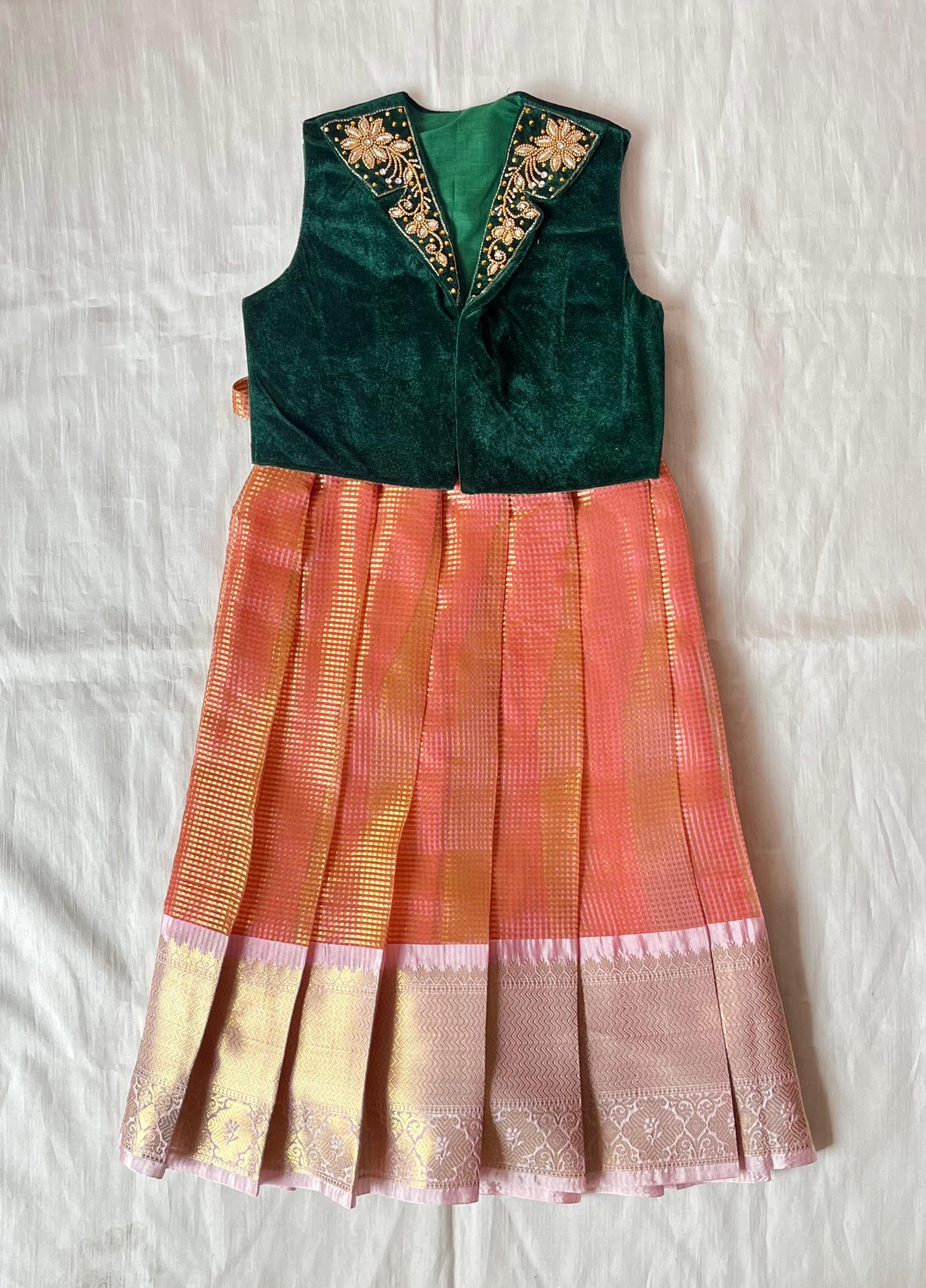 Kids Green with Orange Aari work Traditional Coat Gown PG629