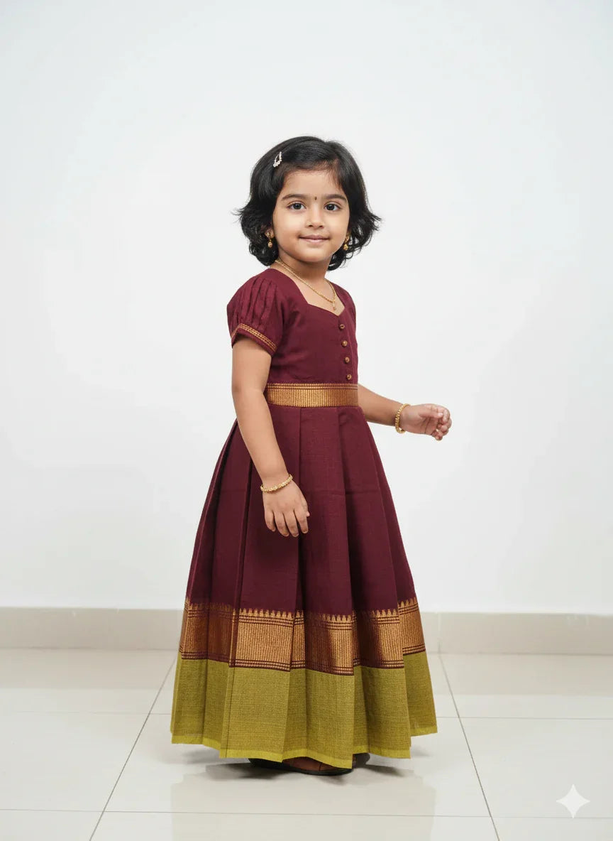Kids Maroon with Green Chettinad Cotton Gown PG632