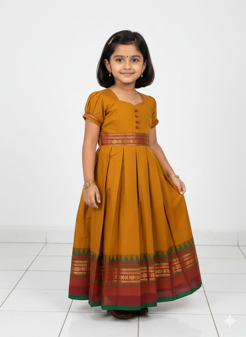 Kids Mustard Chettinad Cotton Gown PG639