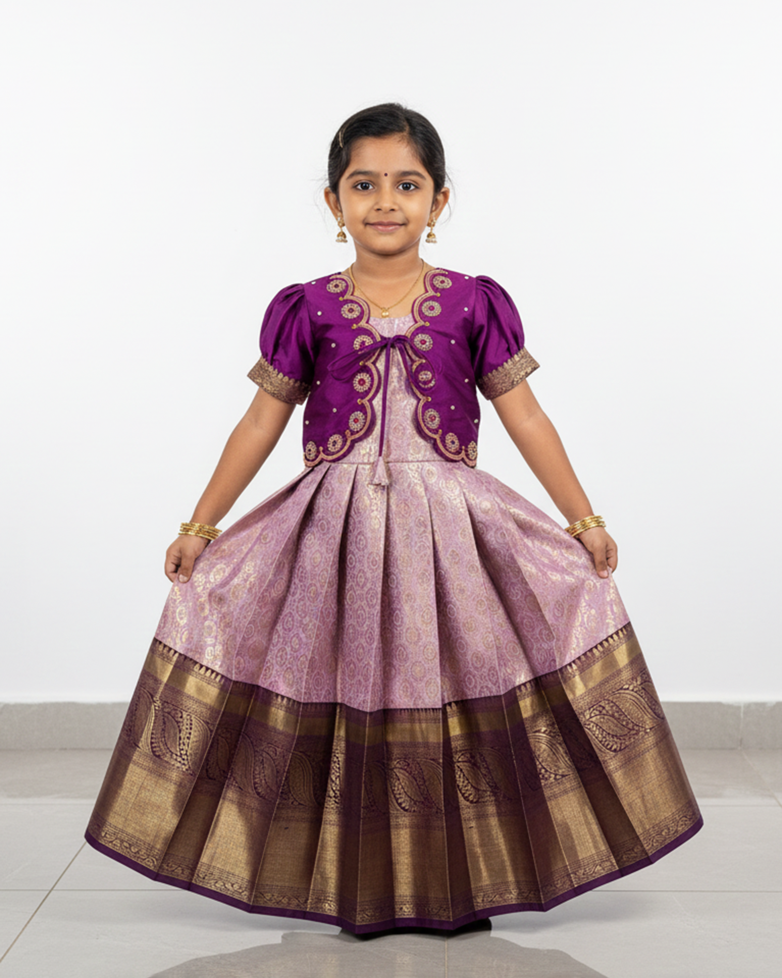 Kids Wine Traditional Coat Type Aari Work Long gown PG645