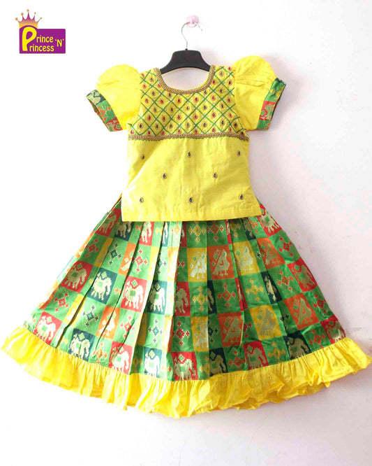 Kids Green Yellow With AARI Work  Traditional Pattu Pavadai PPP1348