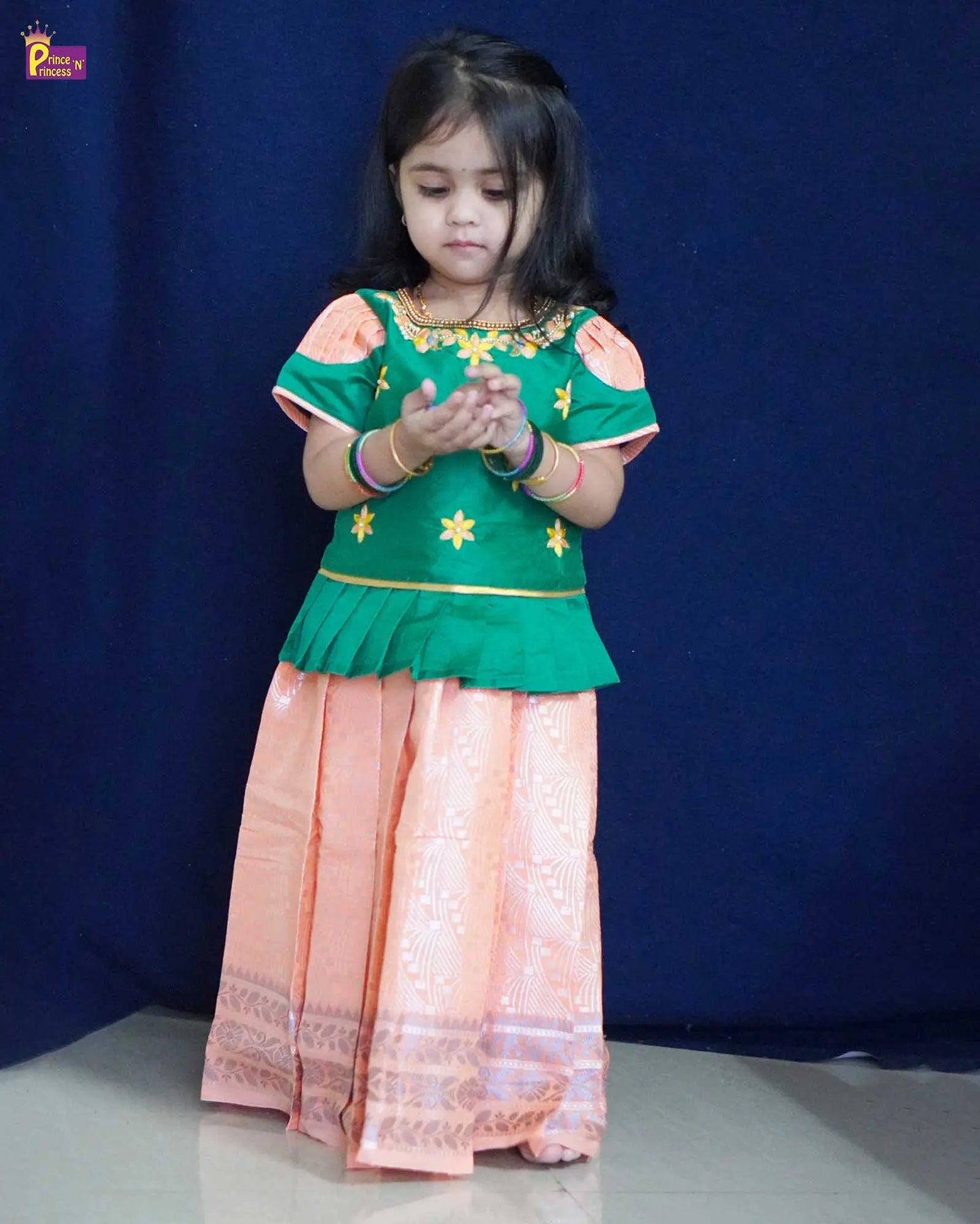 Kids Green Peach Aari Work Traditional Pattu Pavadai PPP1177