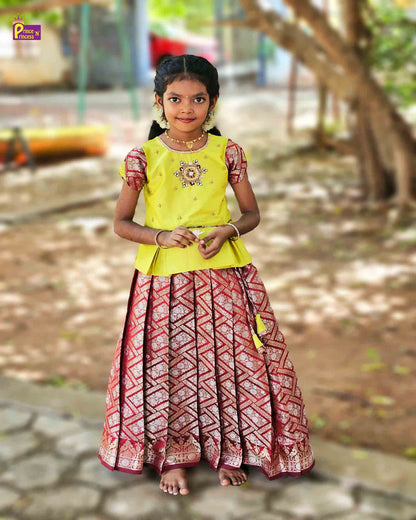 Kids Green and Maroon Traditional AARI Work pattu Pavadai PPP1535