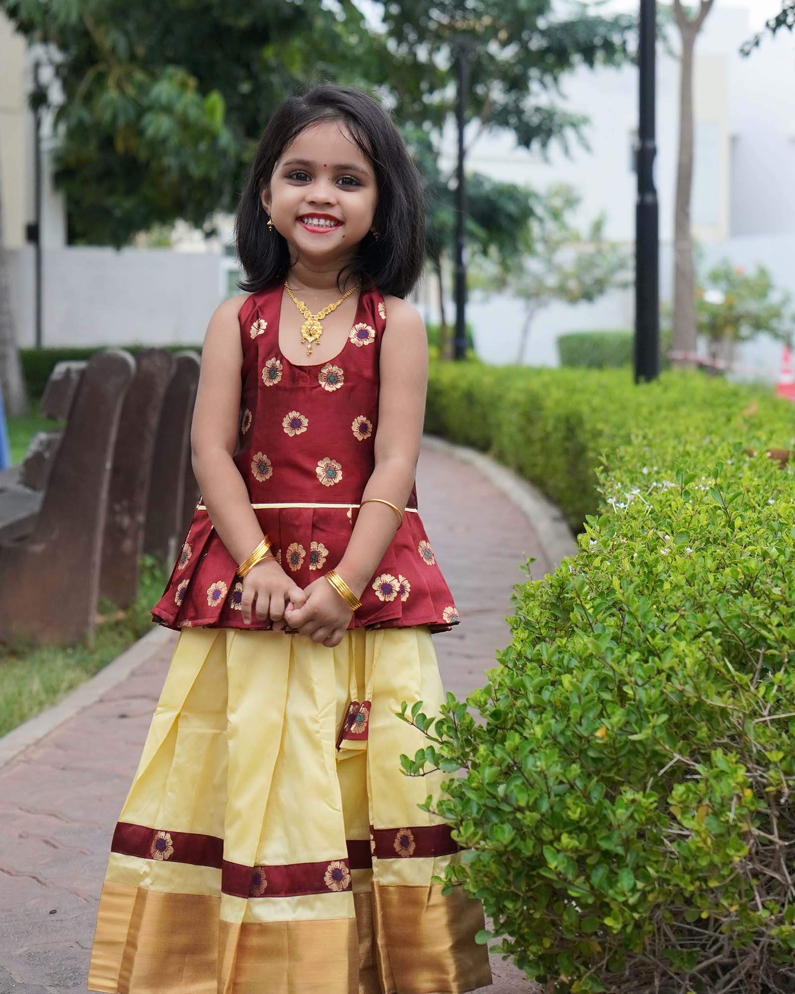 Kids Maroon And Half white Halterneck Traditional Pattu Pavadai PPP1548
