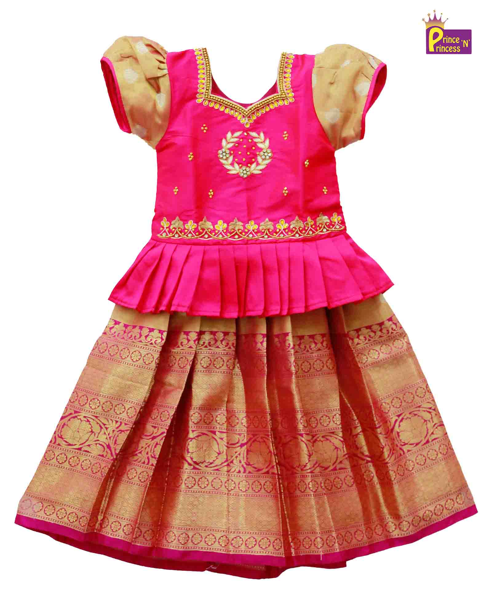 Kids  Pink Top With AARI Work Tissue Designer Pattu Pavadai PPP1002 Prince N Princess