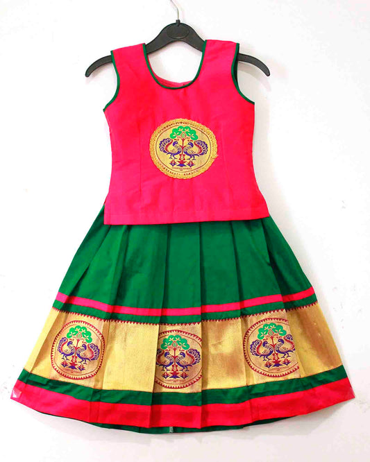 Kids Green With Green Traditional Pattu Pavadai PPP1004