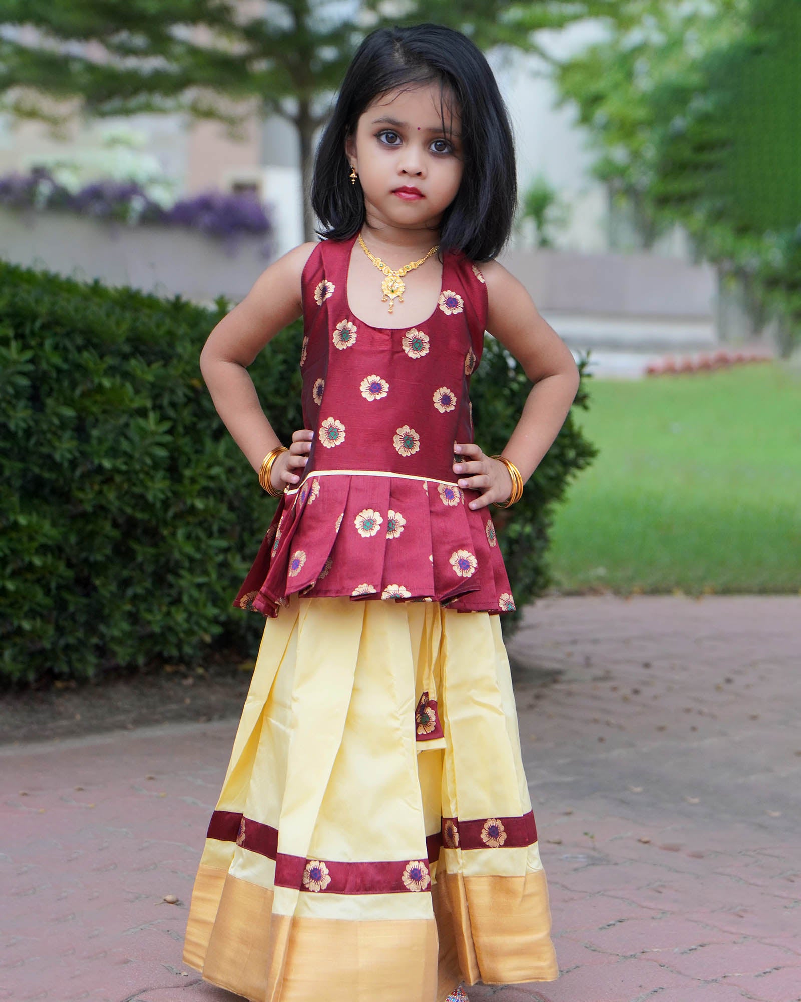 Kids Maroon And Half white Halterneck Traditional Pattu Pavadai PPP1548