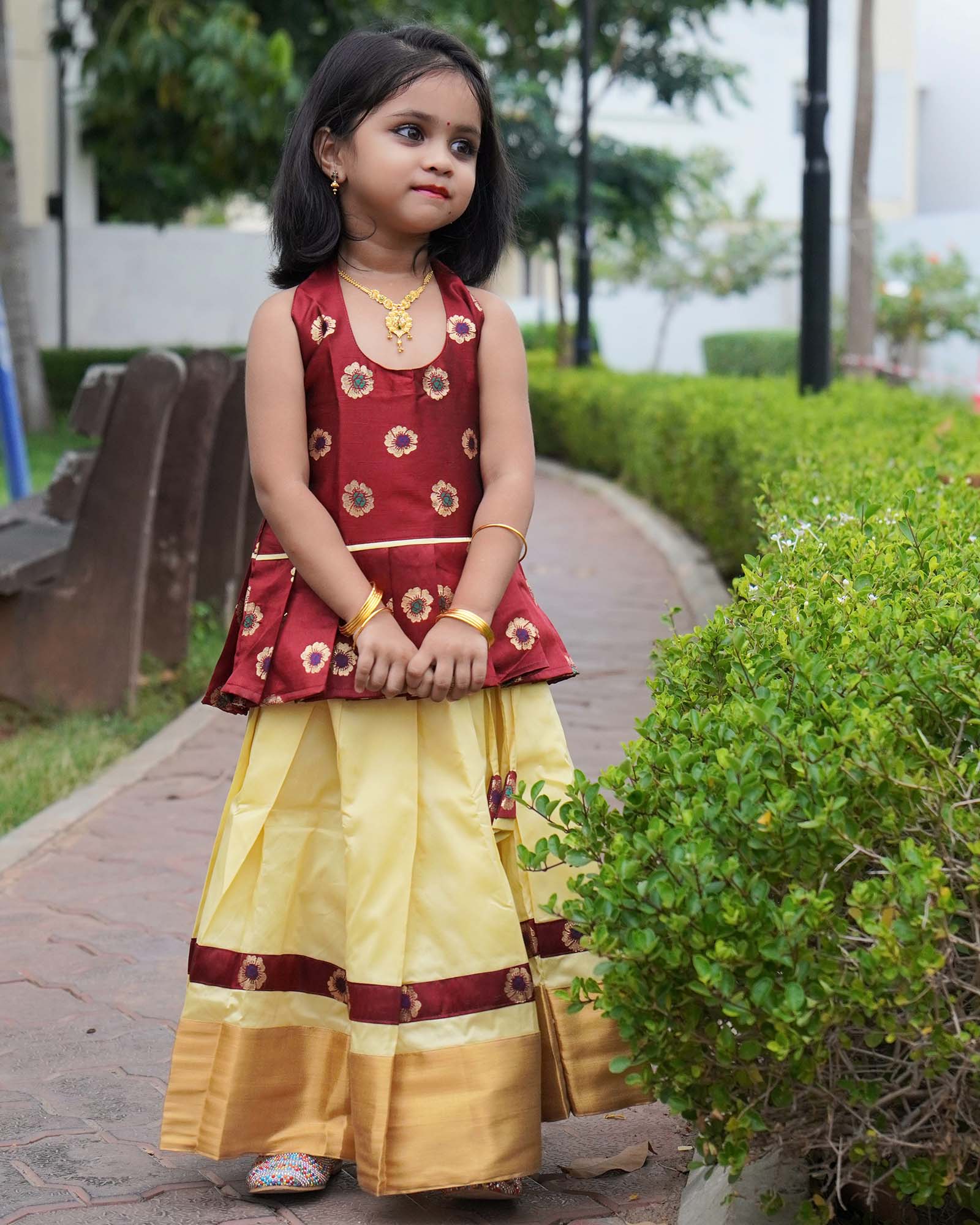 Kids Maroon And Half white Halterneck Traditional Pattu Pavadai PPP1548