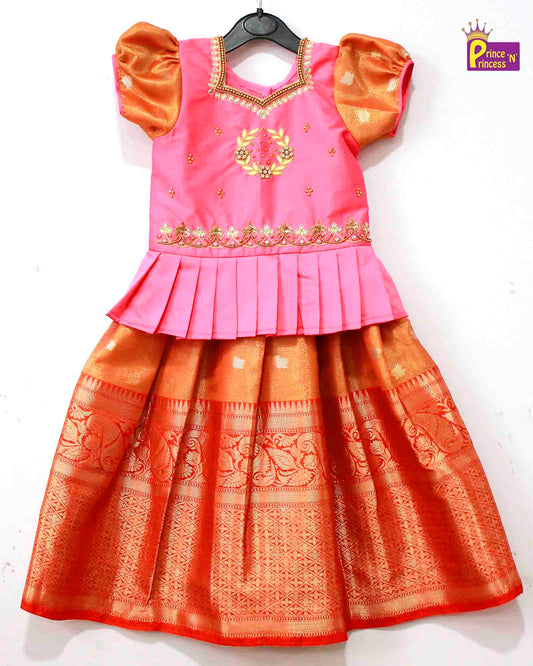 Kids Pink With Orange AARI Work Tissue Designer Pattu Pavadai PPP1011