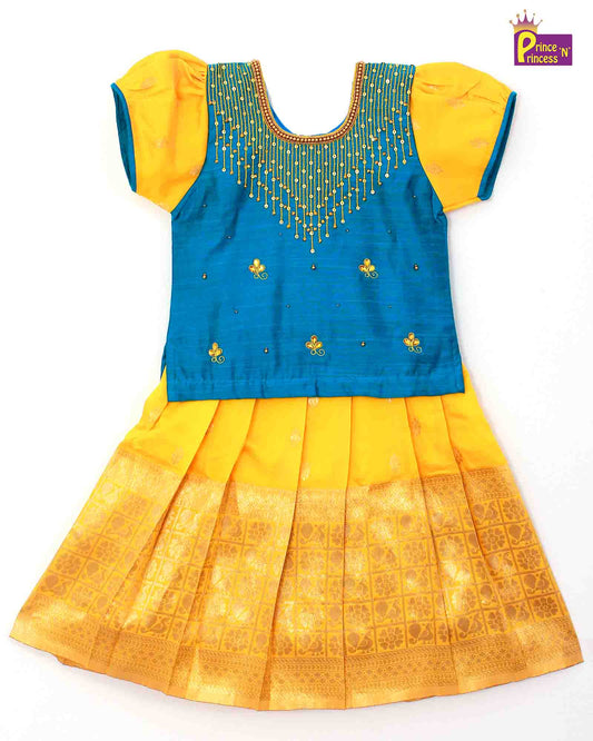 Kids Blue yellow Embroidery Aari Work Pattu Pavadai PPP1023