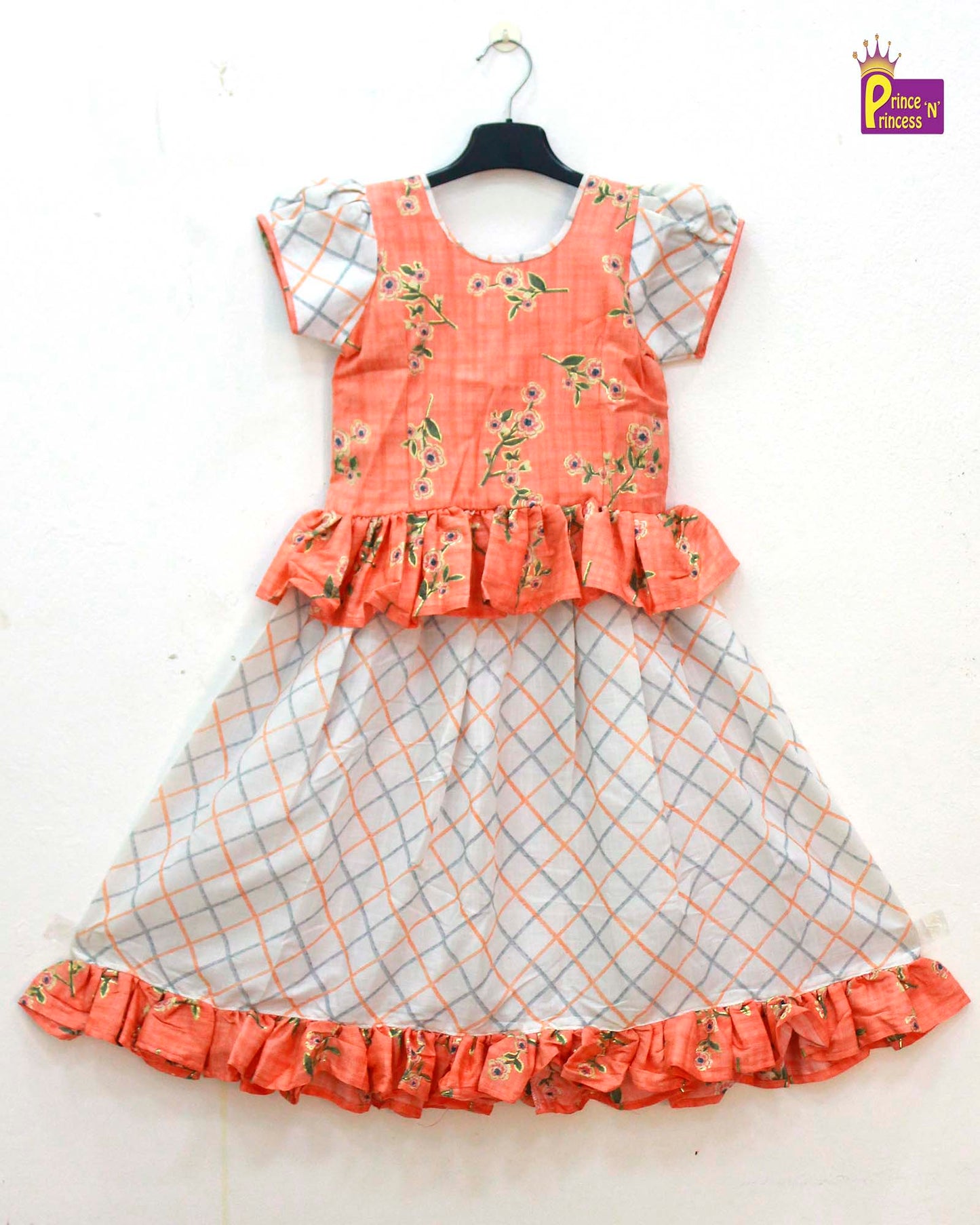 Kids Orange white Printed Cotton Tops Skirt  PPP1024