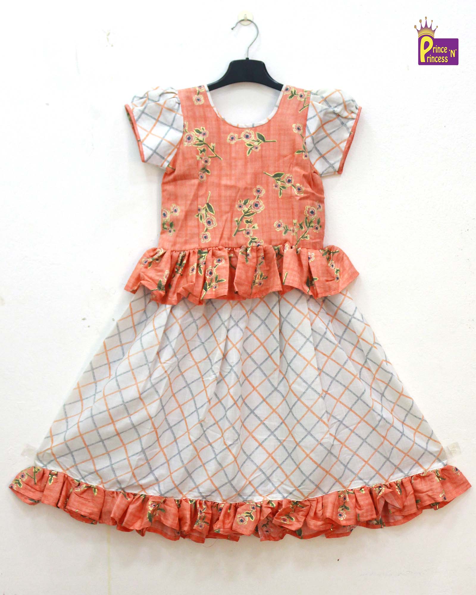 Kids Orange white Printed Cotton Tops Skirt  PPP1024