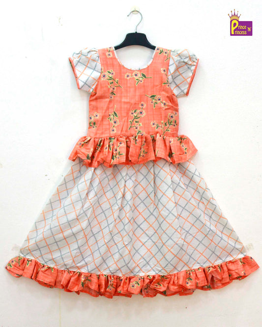 Kids Orange white Printed Cotton Tops Skirt  PPP1024