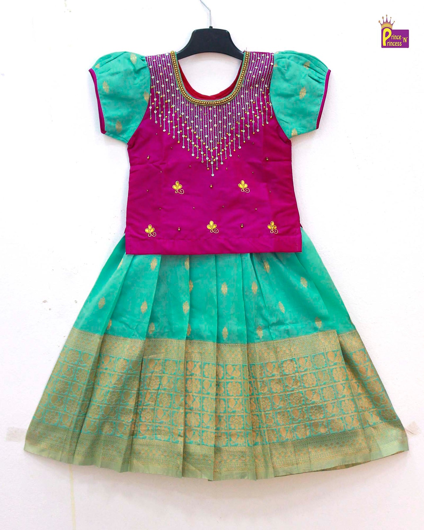 Kids Pista green Purple Embroidery Aari Work Pattu Pavadai  PPP1040