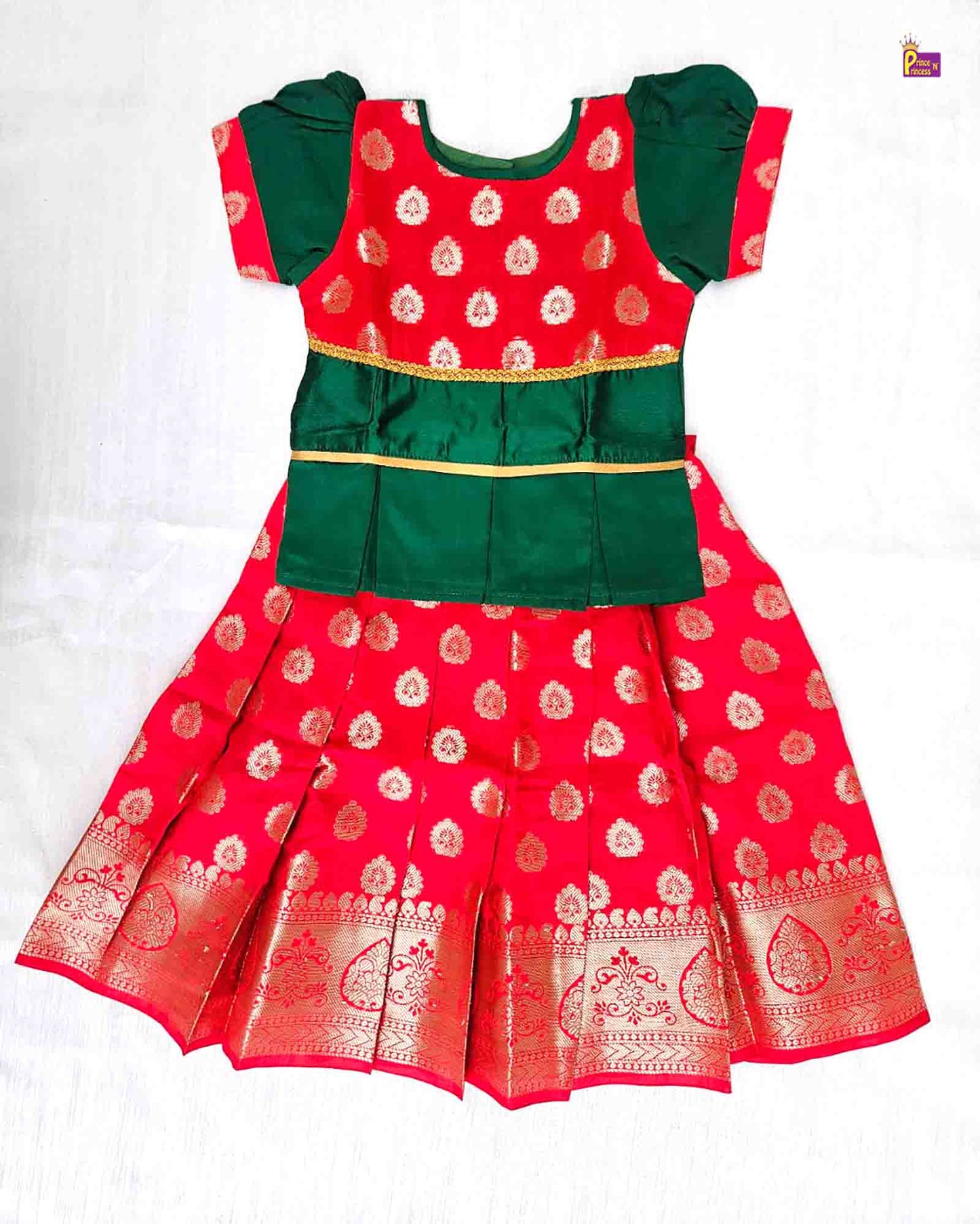 Kids Green and Red Traditional Pattu Pavadai PPP1046