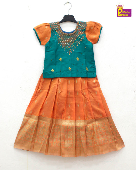 Kids Orange Ramagreen  Embroidery Aari Work Pattu Pavadai  PPP1053