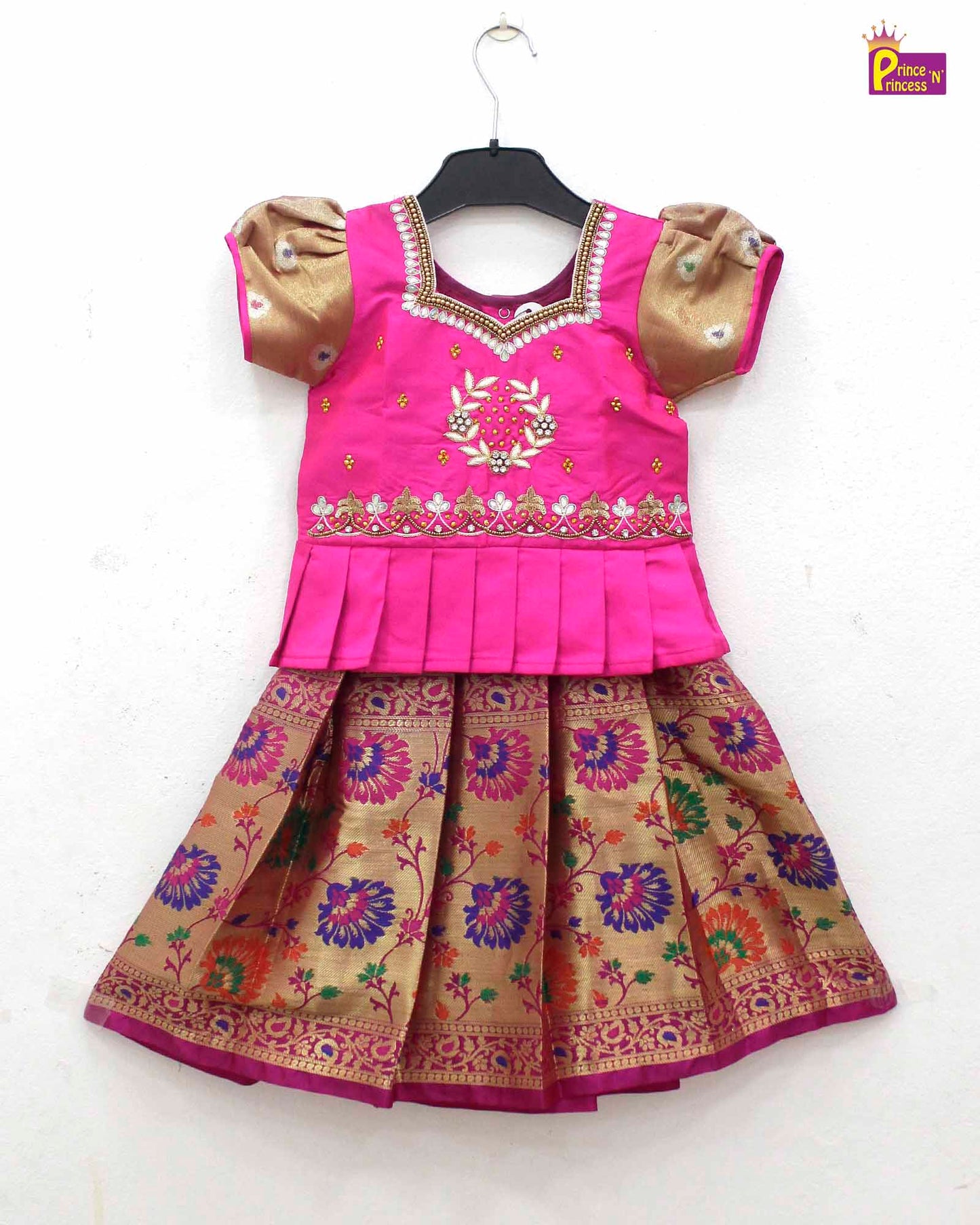 Kids  Pink Top With AARI Work Tissue Designer Pattu Pavadai PPP1055